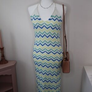 Crochet Zig Zag Halter MAXI Dress by Freshman 1996 Size MED